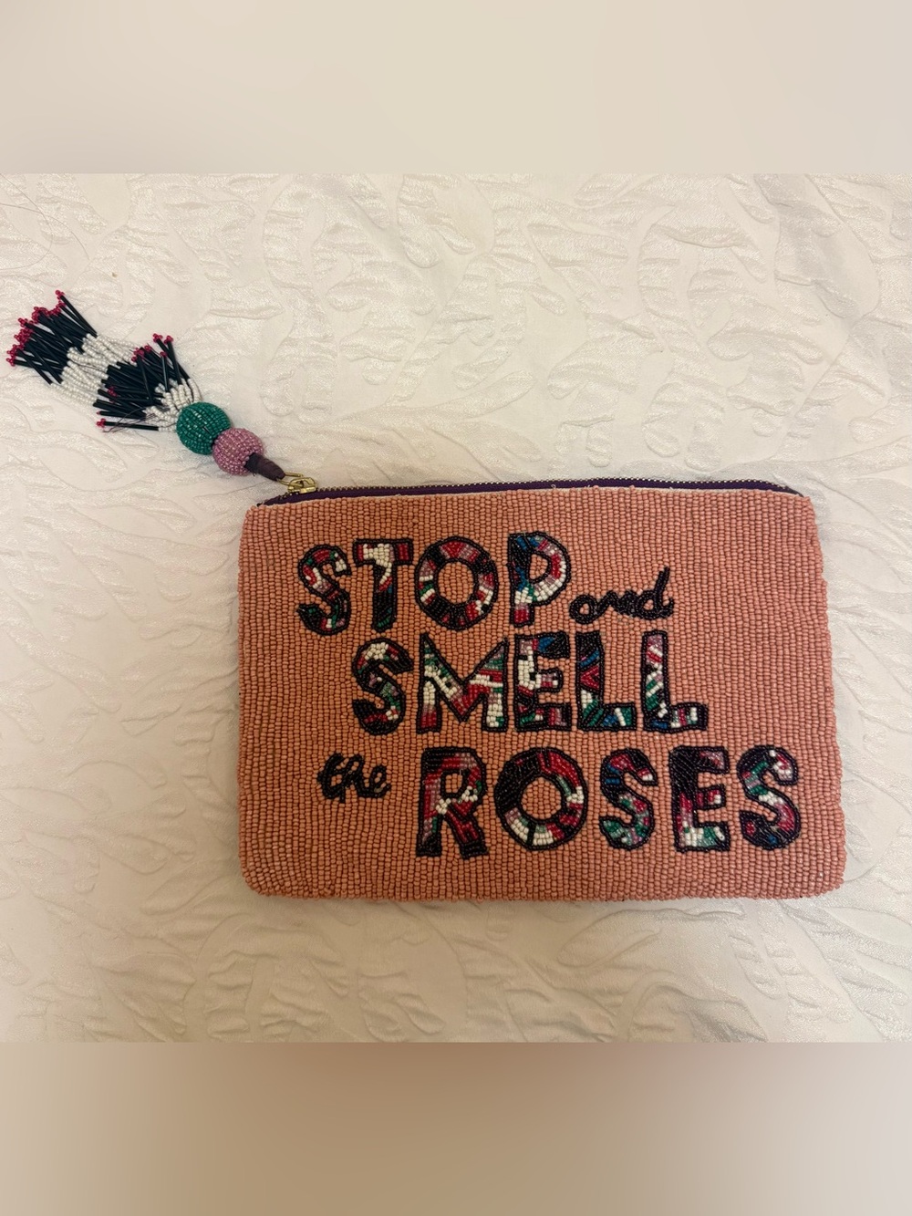 Anthropologie STOP & SMELL THE ROSES Beaded Clutch Pouch W Tassel Anthro